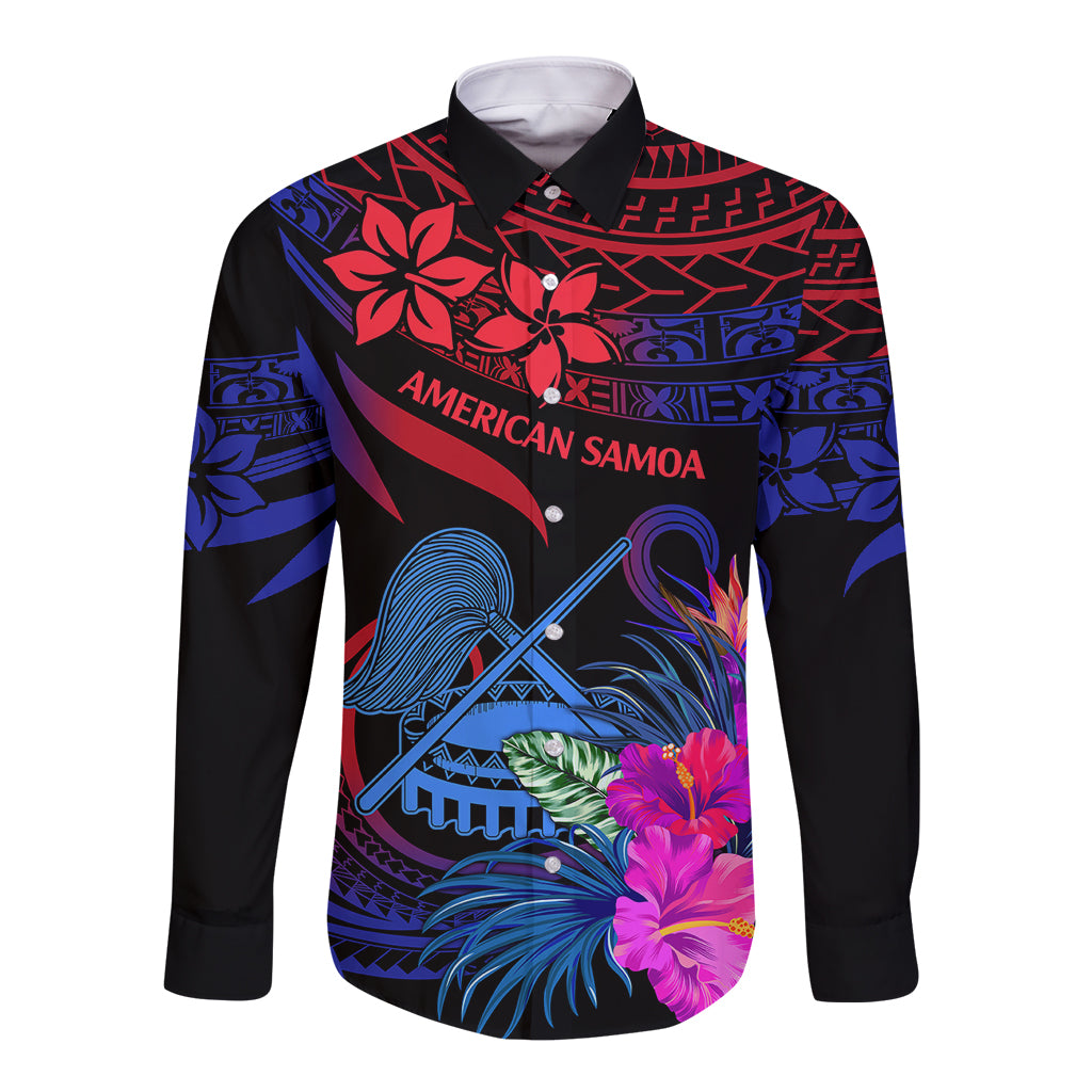 Long-sleeve button shirt with Polynesian floral/geometric print and American Samoa text