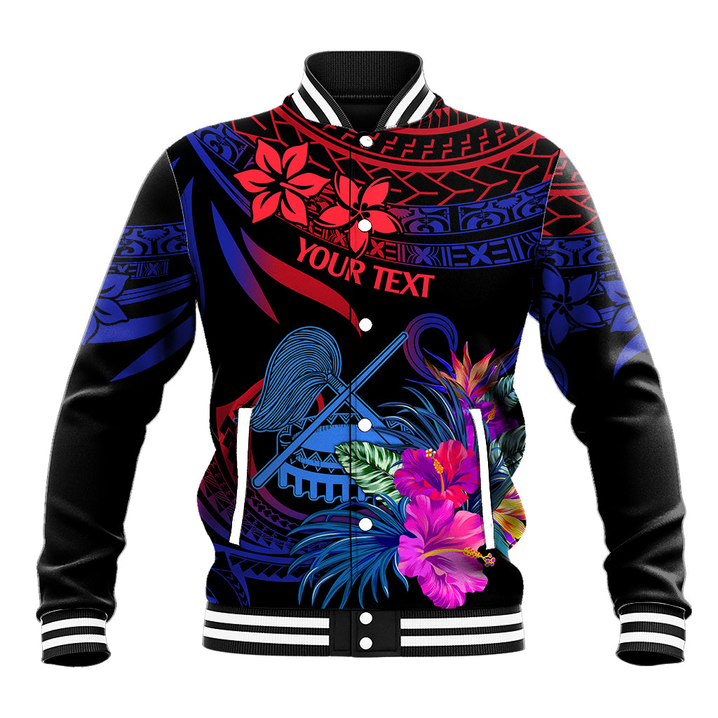 Unisex gradient baseball jacket with striped ribbed collar and colorful front graphic