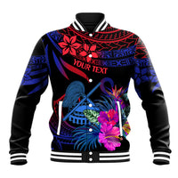 Unisex gradient baseball jacket with striped ribbed collar and colorful front graphic