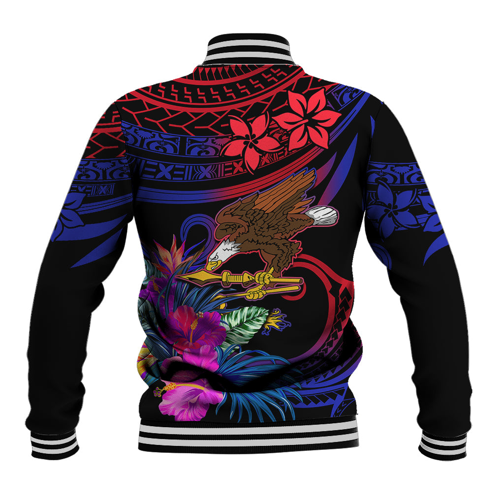 Unisex gradient baseball jacket with striped collar and large back eagle floral graphic