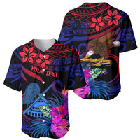 Blue-red Polynesian graphic baseball jersey, V-neck button-front, floral and eagle art (front/back).