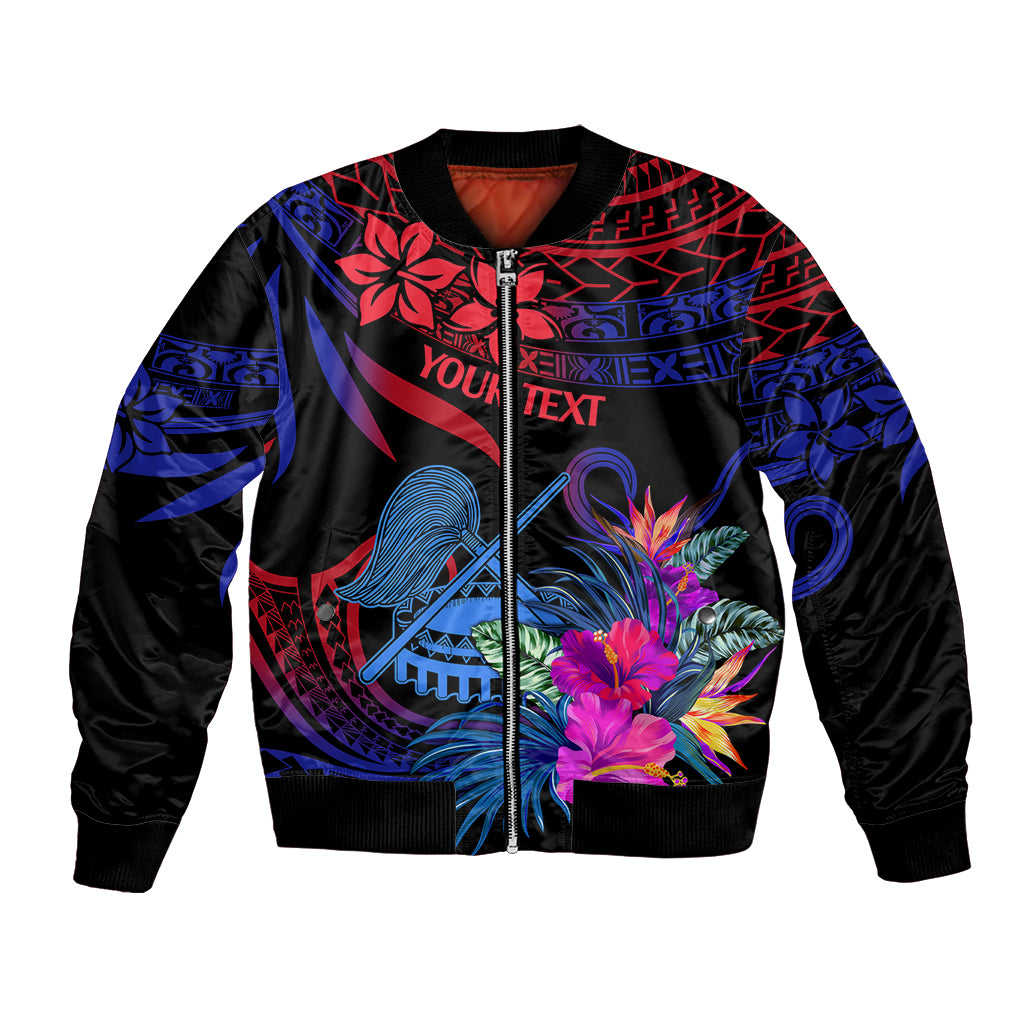 Unisex bomber jacket with zip front, black base, blue-red gradient tribal floral print