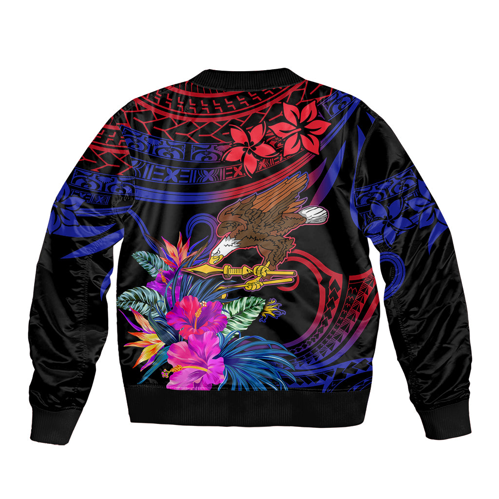 Unisex bomber jacket, black with blue-red gradient bird and tropical floral tribal print
