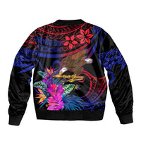 Unisex bomber jacket, black with blue-red gradient bird and tropical floral tribal print