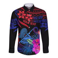 Long-sleeve button shirt, black with red blue floral and 'YOUR TEXT' print