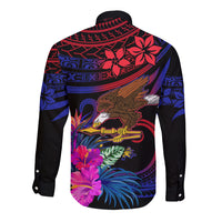 Long-sleeve button shirt, back print with eagle, flowers, and blue red tribal bands