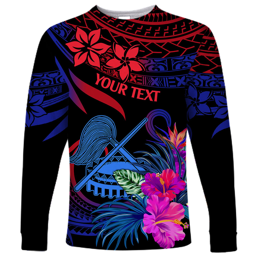 Unisex long sleeve shirt with blue gradient, red tribal pattern, hibiscus and custom text