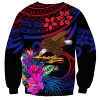 Unisex sweatshirt with black base and Polynesian eagle floral tribal print, ornate blue accents