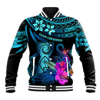 Blue and black baseball jacket with tropical floral tribal front graphic, button snap placket