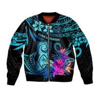 Unisex bomber jacket with blue tribal print, floral bouquet front, full zip, ribbed cuffs