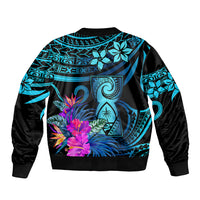 Bomber jacket with blue-and-black tropical motifs, floral graphic center, ribbed hem, zip