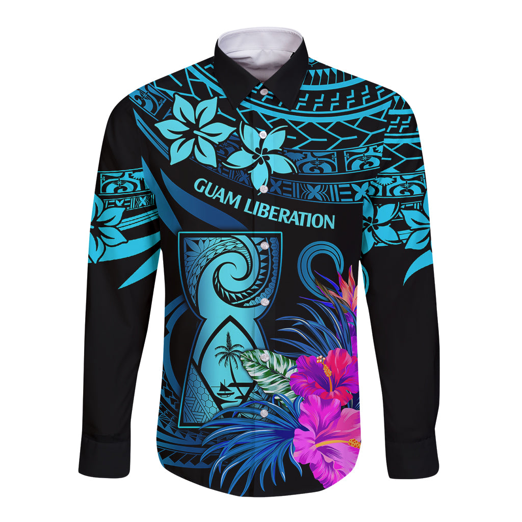 Unisex long-sleeve button shirt, black with turquoise tribal and purple floral print.