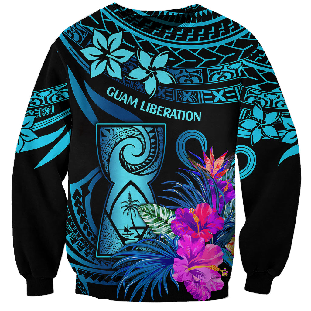 Unisex crewneck sweatshirt, black-blue Polynesian floral print with 'Guam Liberation' graphic
