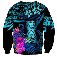 Unisex crewneck sweatshirt, black-blue Polynesian pattern with purple and pink tropical flowers