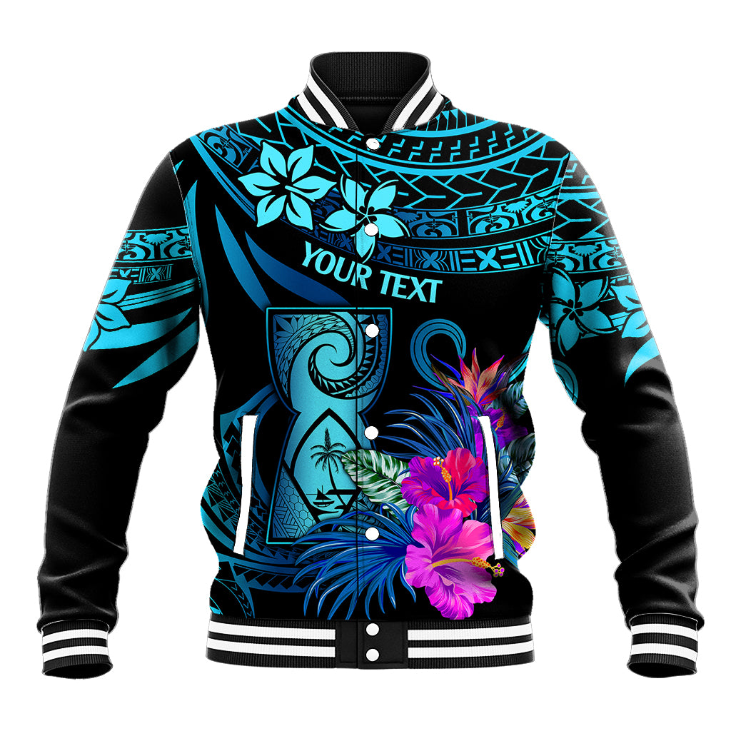 Blue and black baseball jacket with striped collar, button front, and bold tropical graphic