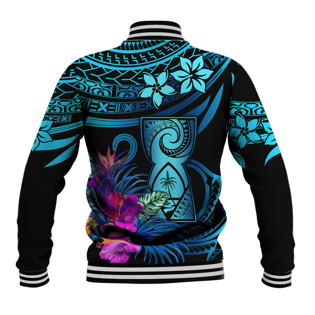 Back of blue and black baseball jacket with striped hem and large tropical print