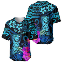 V-neck short-sleeve baseball jersey in blue/black with tropical floral and scroll designs