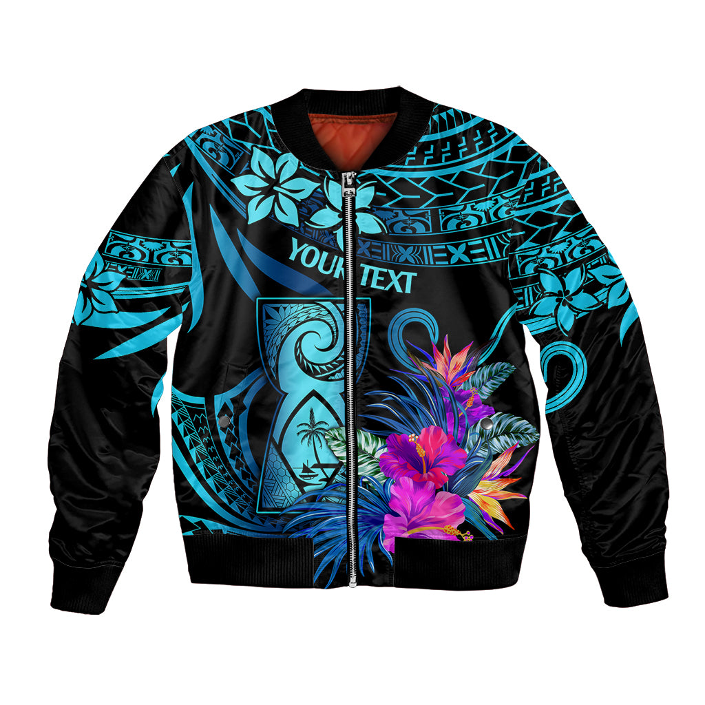 Unisex zip-up bomber jacket with black sleeves, teal-blue Polynesian floral graphic