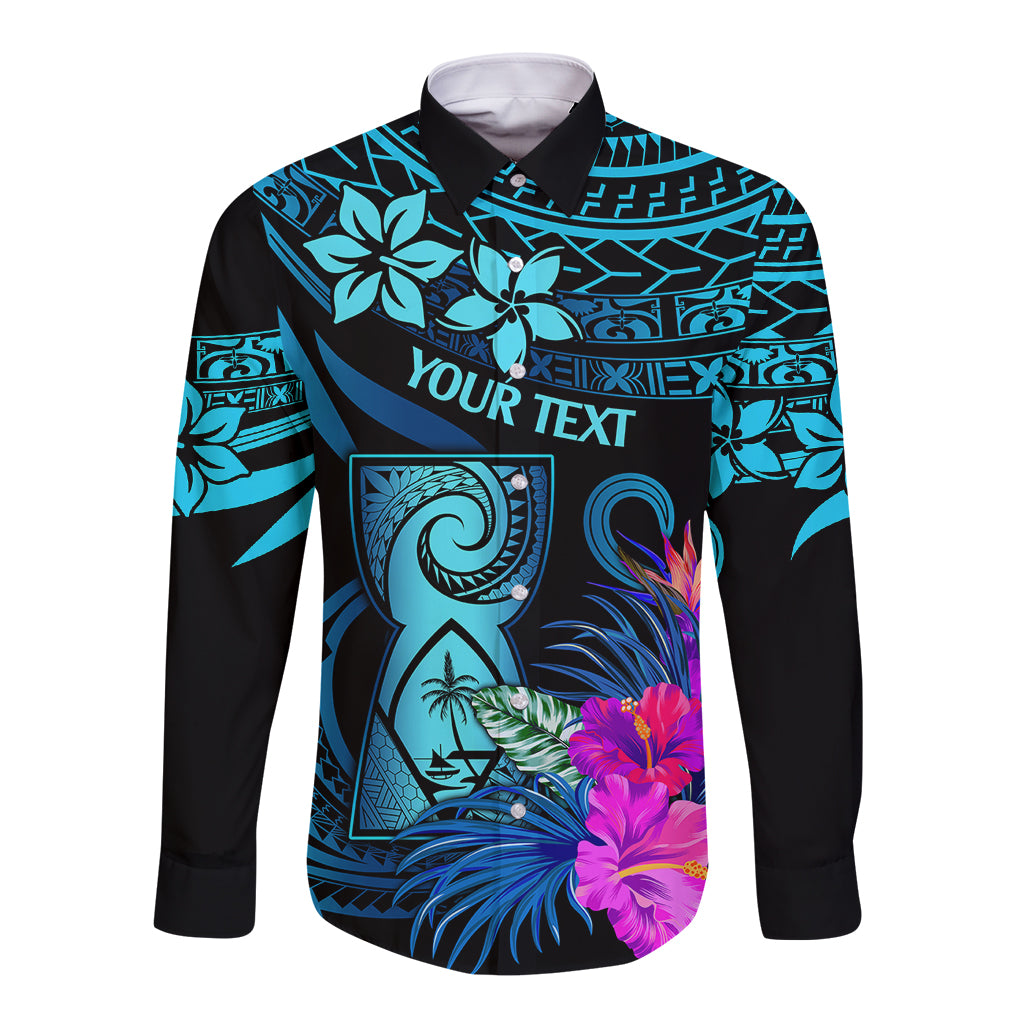Long-sleeve button shirt with blue floral Polynesian print, black base, front view