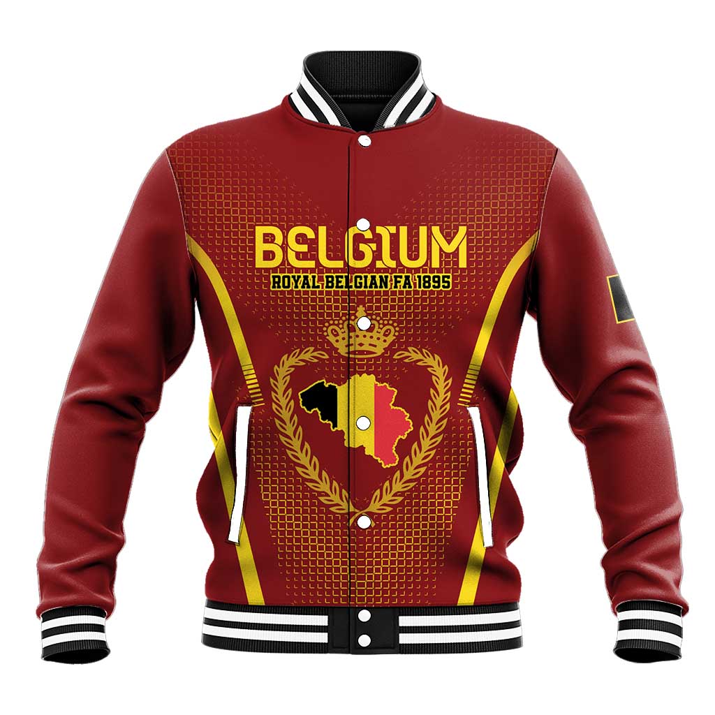 Red varsity baseball jacket with striped collar, button front, Belgian crest and map graphic