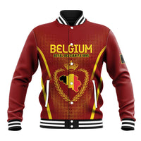 Red varsity baseball jacket with striped collar, button front, Belgian crest and map graphic