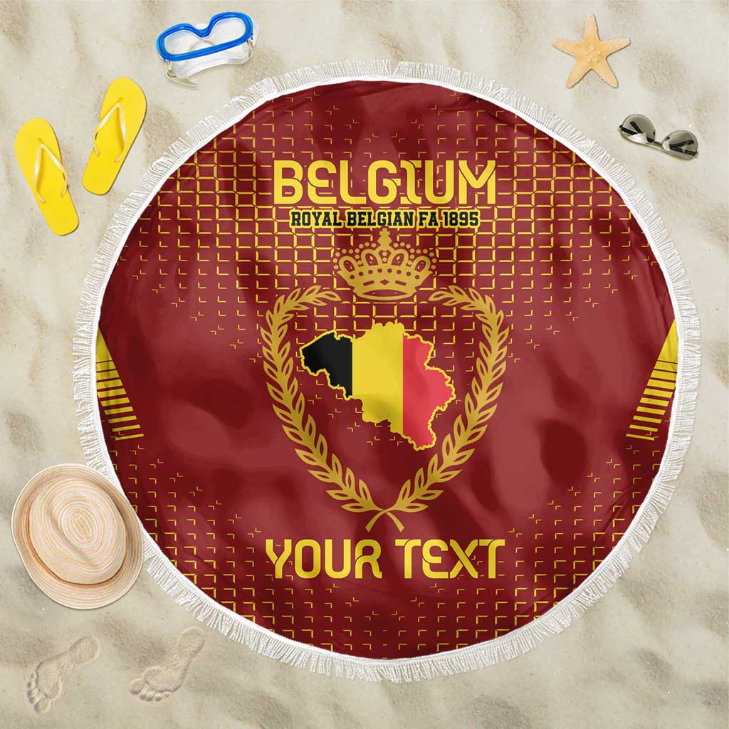 Red Belgium-themed beach blanket with gold crest, text, and white fringe edge