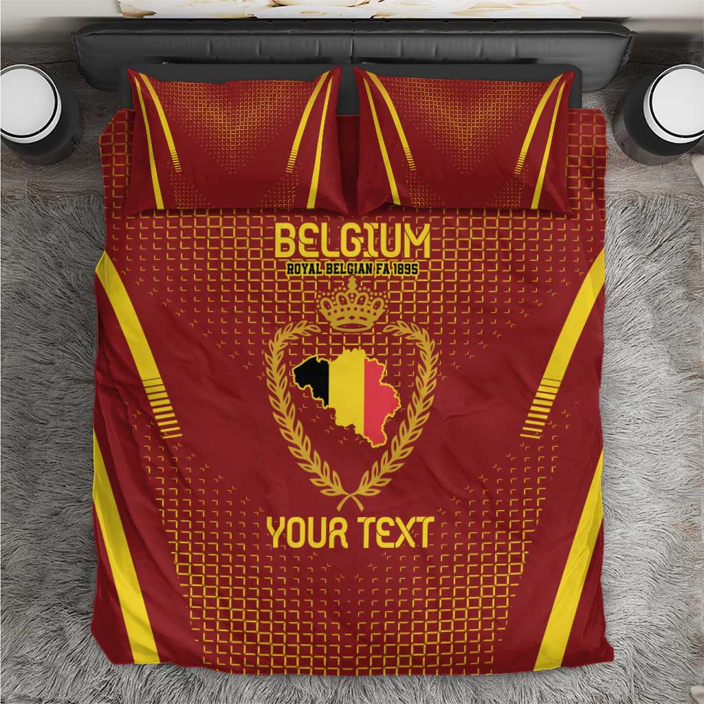 Red bedding set with Belgium crest, yellow stripes, and 'YOUR TEXT' on duvet and shams