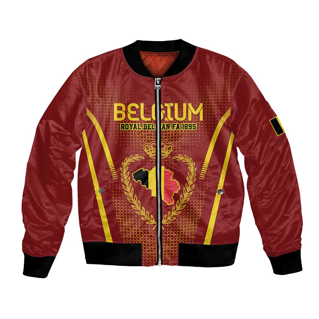 Red satin football bomber jacket with central zip, Belgium crest and map graphic.