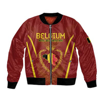 Red satin football bomber jacket with central zip, Belgium crest and map graphic.