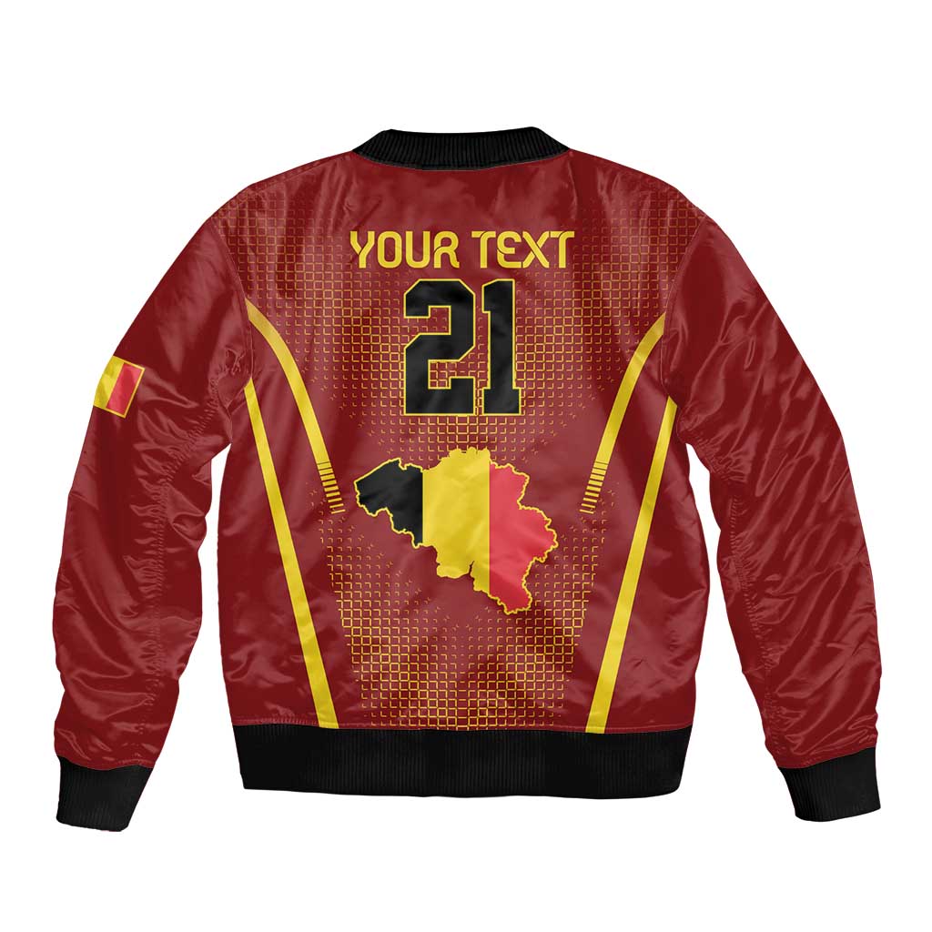 Red bomber jacket back with number 21 over Belgium map graphic.