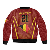 Red bomber jacket back with number 21 over Belgium map graphic.