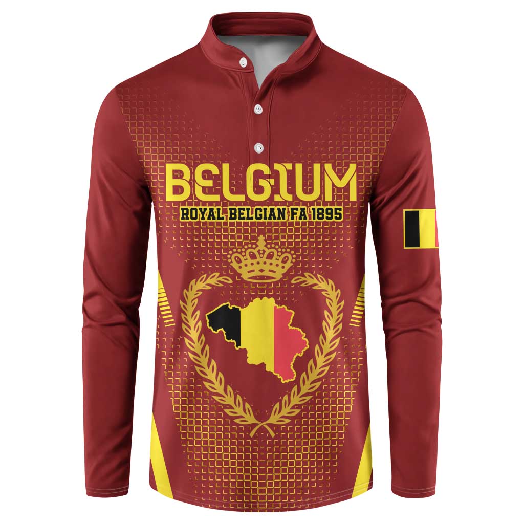 Maroon button-up football sweatshirt with Belgium crest, map graphic, and yellow text