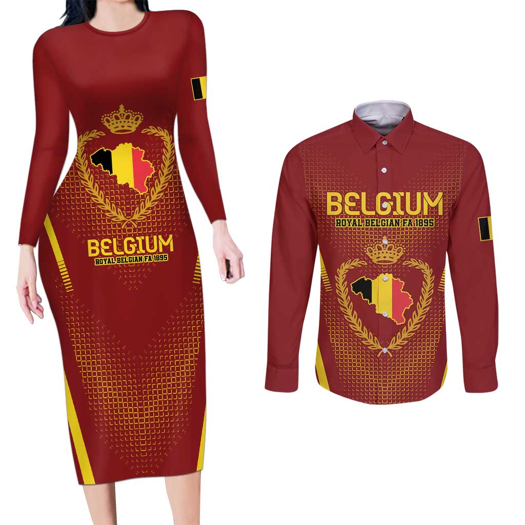 Custom Belgium Football Couples Matching Long Sleeve Bodycon Dress and Long Sleeve Button Shirt Royal Belgian 1895 with Map Style LT9 - Wonder Print Shop