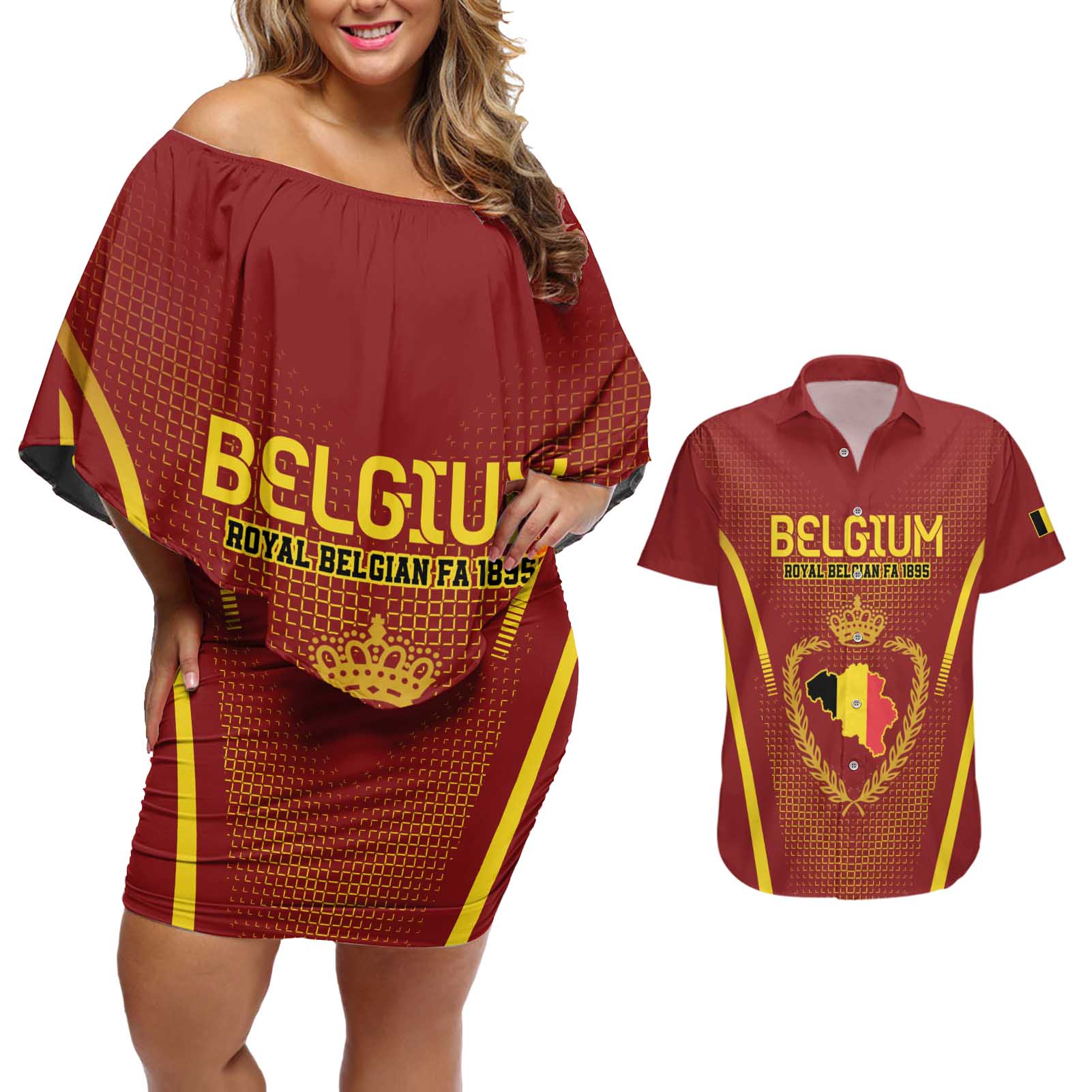 Custom Belgium Football Couples Matching Off Shoulder Short Dress and Hawaiian Shirt Royal Belgian 1895 with Map Style LT9 - Wonder Print Shop