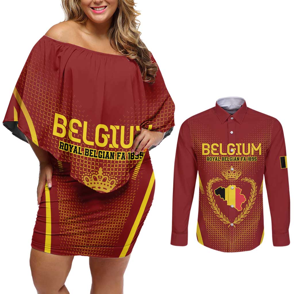 Custom Belgium Football Couples Matching Off Shoulder Short Dress and Long Sleeve Button Shirt Royal Belgian 1895 with Map Style LT9 - Wonder Print Shop