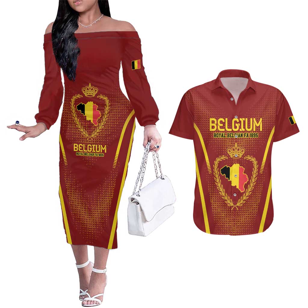 Custom Belgium Football Couples Matching Off The Shoulder Long Sleeve Dress and Hawaiian Shirt Royal Belgian 1895 with Map Style LT9 - Wonder Print Shop