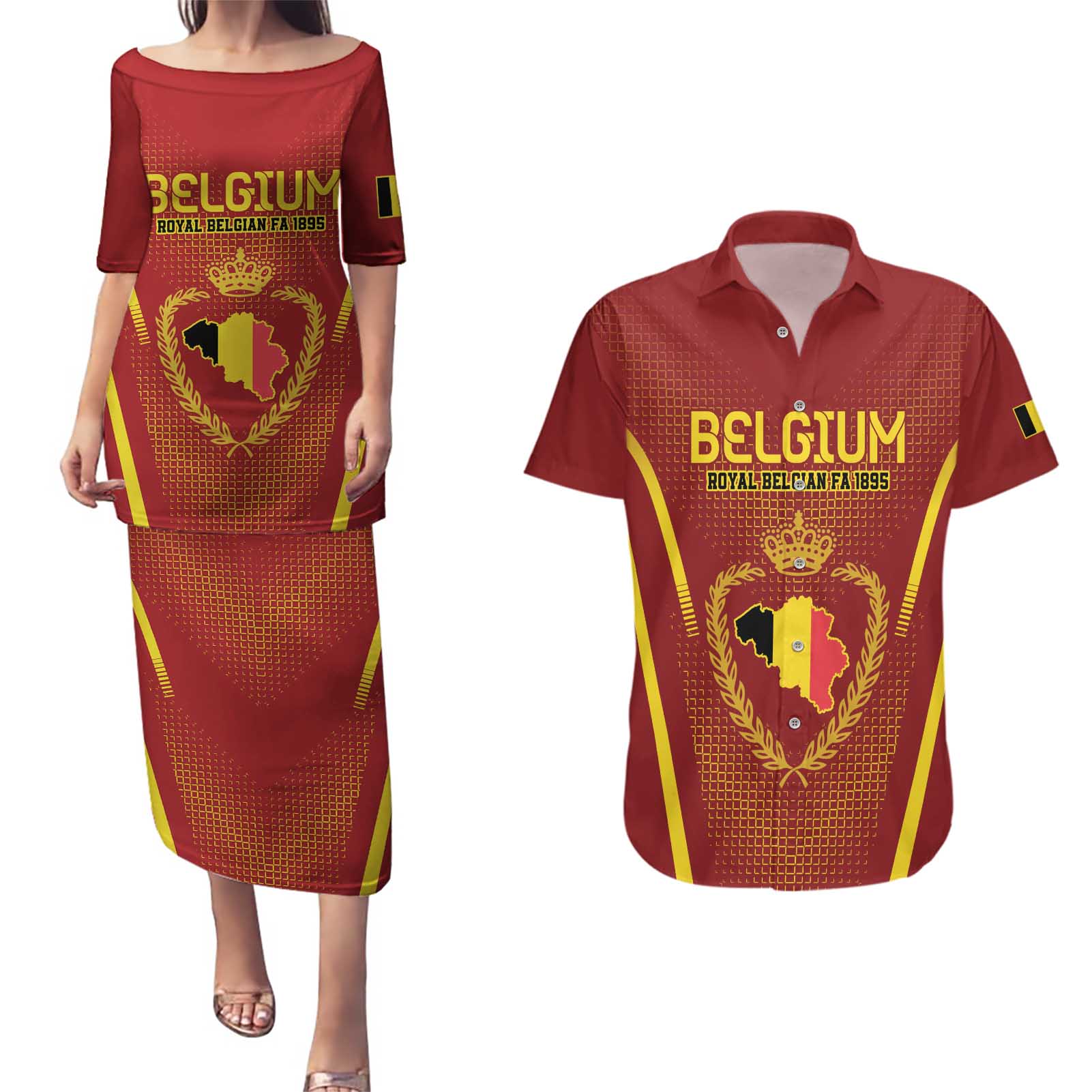 Custom Belgium Football Couples Matching Puletasi and Hawaiian Shirt Royal Belgian 1895 with Map Style LT9 - Wonder Print Shop