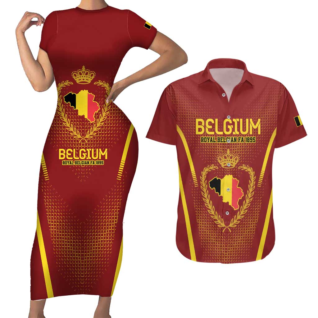 Custom Belgium Football Couples Matching Short Sleeve Bodycon Dress and Hawaiian Shirt Royal Belgian 1895 with Map Style LT9 - Wonder Print Shop