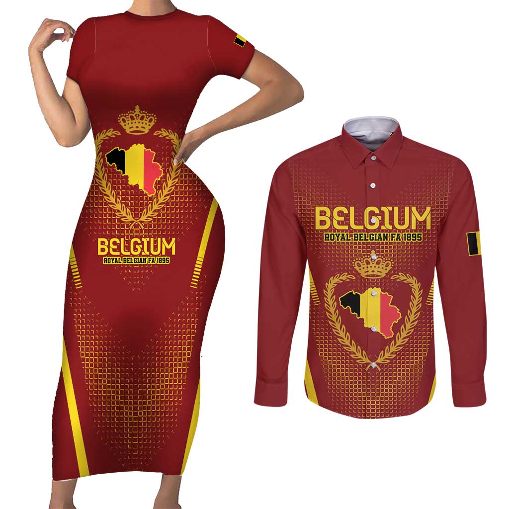 Custom Belgium Football Couples Matching Short Sleeve Bodycon Dress and Long Sleeve Button Shirt Royal Belgian 1895 with Map Style LT9 - Wonder Print Shop