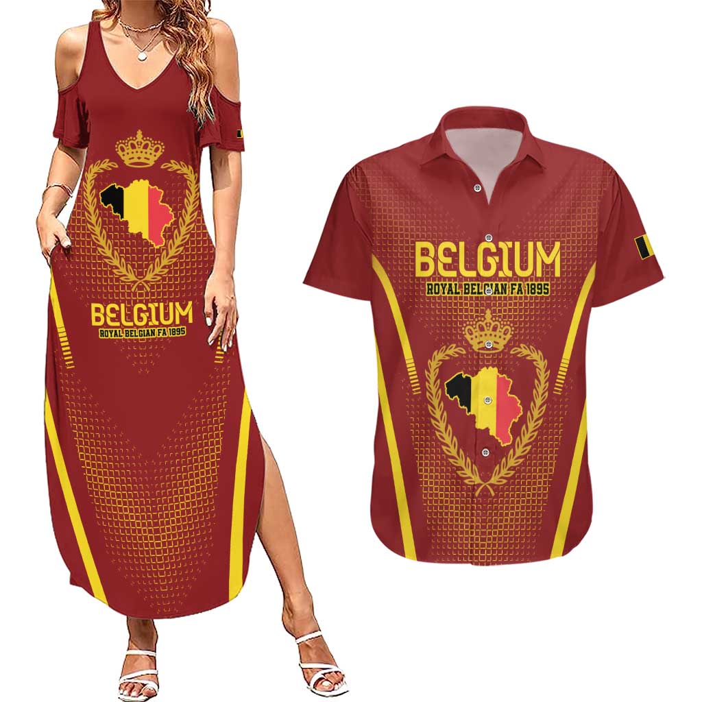 Custom Belgium Football Couples Matching Summer Maxi Dress and Hawaiian Shirt Royal Belgian 1895 with Map Style LT9 - Wonder Print Shop