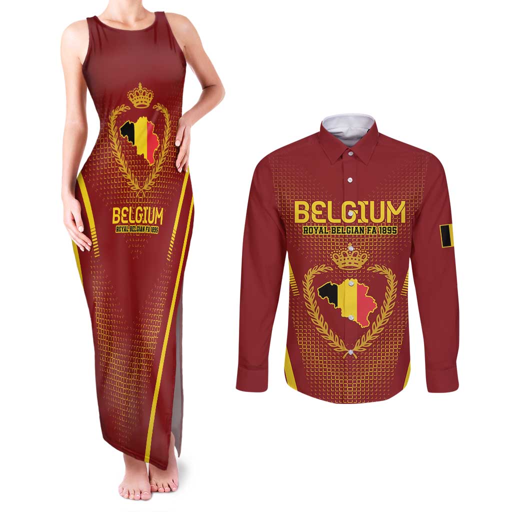 Custom Belgium Football Couples Matching Tank Maxi Dress and Long Sleeve Button Shirt Royal Belgian 1895 with Map Style LT9 - Wonder Print Shop