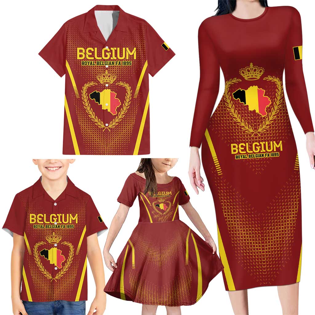 Custom Belgium Football Family Matching Long Sleeve Bodycon Dress and Hawaiian Shirt Royal Belgian 1895 with Map Style LT9 - Wonder Print Shop