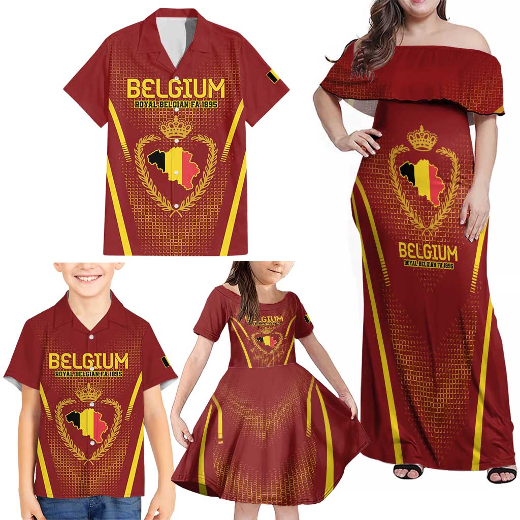 Custom Belgium Football Family Matching Off Shoulder Maxi Dress and Hawaiian Shirt Royal Belgian 1895 with Map Style LT9 - Wonder Print Shop