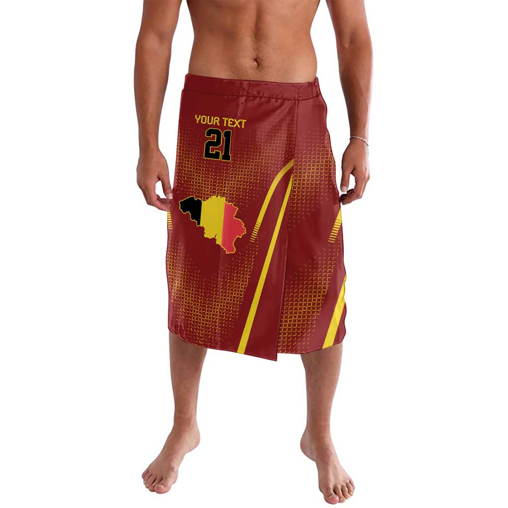 Red Belgium football lavalava skirt with yellow map print and 'YOUR TEXT 21' detail