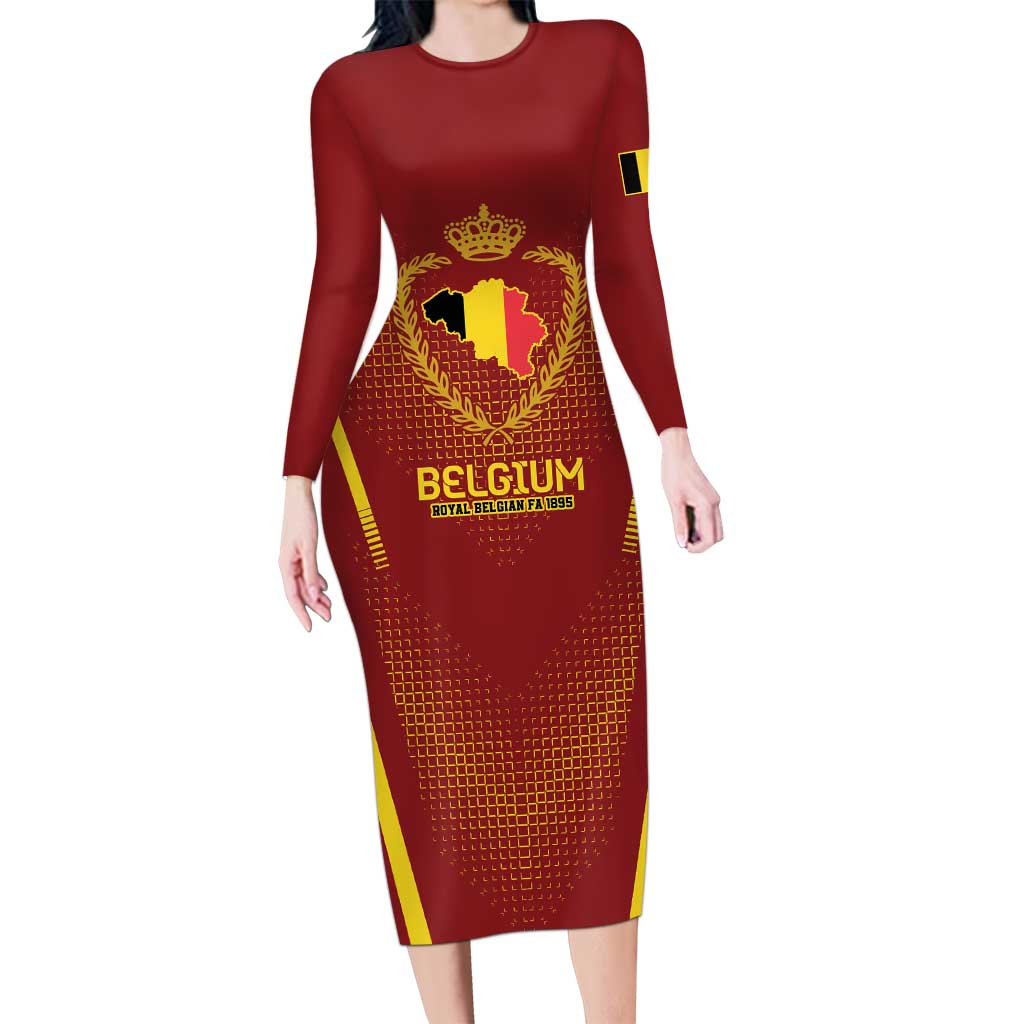 Custom Belgium Football Long Sleeve Bodycon Dress Royal Belgian 1895 with Map Style - Wonder Print Shop