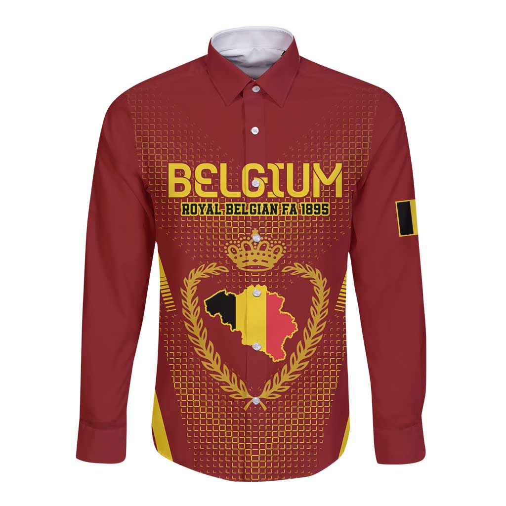 Red long-sleeve button football shirt with Belgium crest graphic and yellow emblem