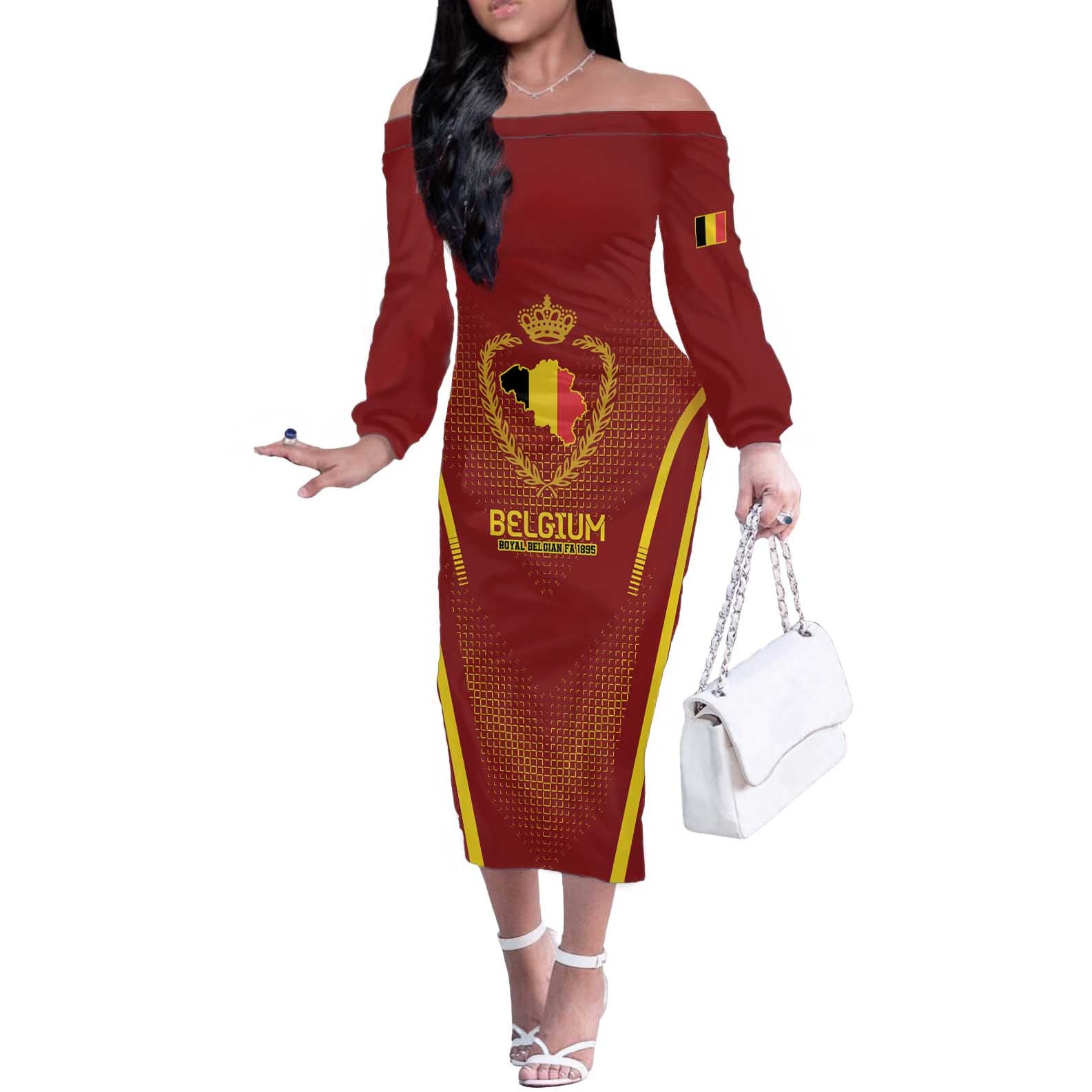 Custom Belgium Football Off The Shoulder Long Sleeve Dress Royal Belgian 1895 with Map Style - Wonder Print Shop