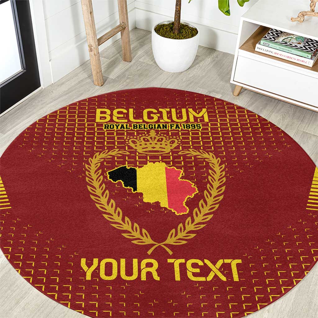 Round red Belgium-themed rug with gold crest and 'YOUR TEXT' at center