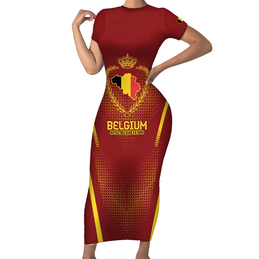 Custom Belgium Football Short Sleeve Bodycon Dress Royal Belgian 1895 with Map Style - Wonder Print Shop