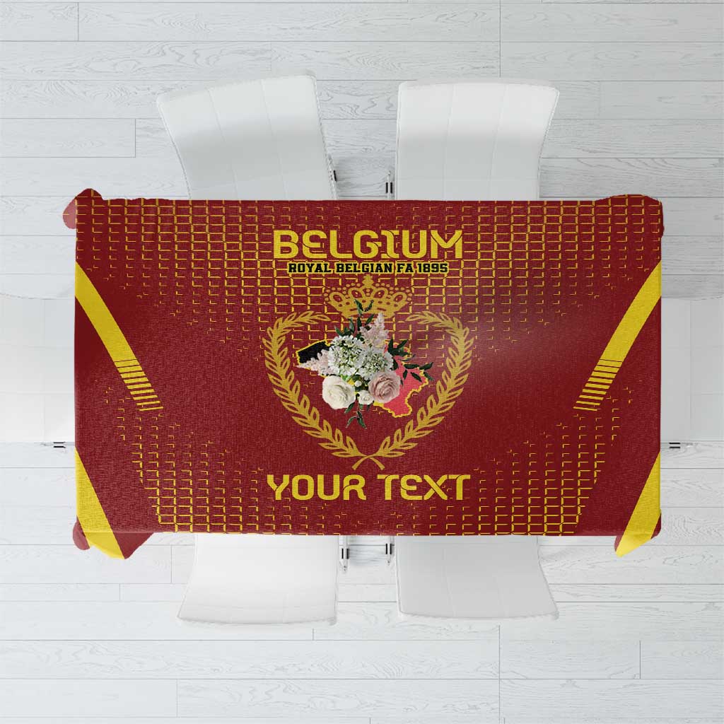 Red tablecloth with yellow border stripes, 'BELGIUM' text, and crest
